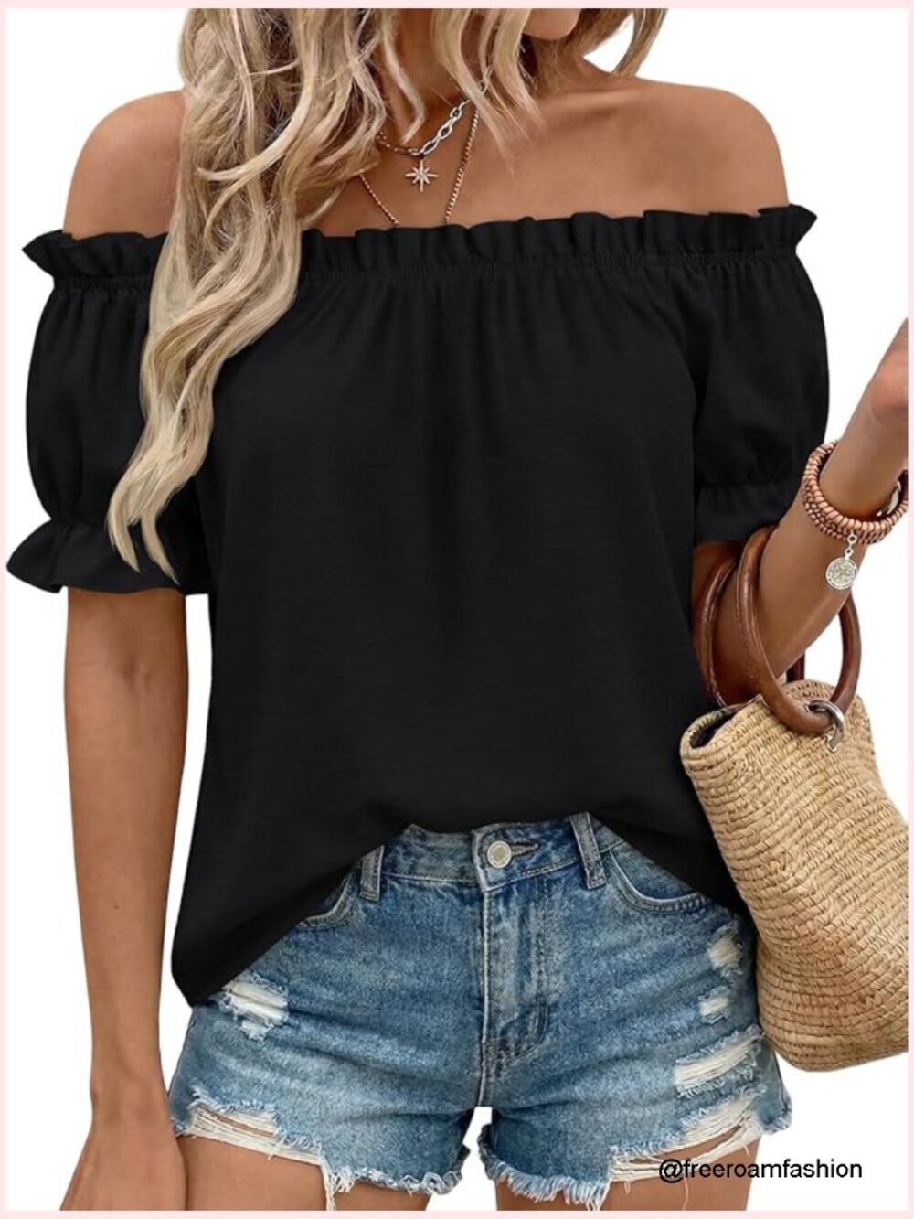 Off Shoulder Flowy Blouse with Short Puff Sleeves Boho Top Summer